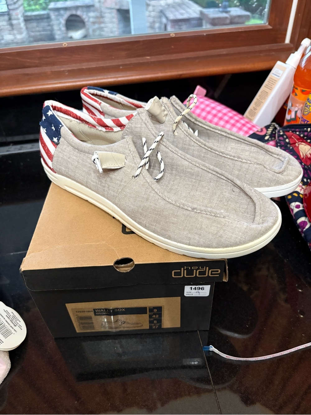 Hey Dude Khaki Slip-On Loafers with American Flag Heel